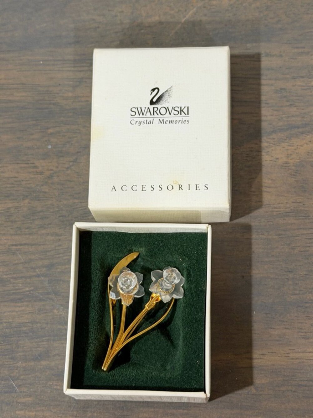 Vintage Swarovski Crystal Daffodil Flower Brooch Pin With Box